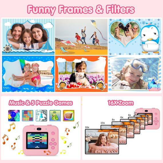Sofortbildkamera Kinder Mit Selfie,kinderkamera 1080P HD Sofortdruck von Fotos,Geburtstagsgeschenk Weihnachten 5Geschenk Spielzeug ab 3 4 5 6 8 7 9 10 11 Jahre Mädchen Jungen (Rot)