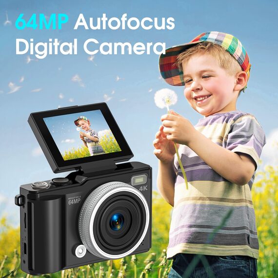 4K 64MP Digitalkamera, 180° Drehbildschirm Autofokus Kamera Fotoapparat mit Makrofunktion und 16-fachem Digitalzoom Kompaktkamera für Teenager Junge Mädchen 8-16 Jahre