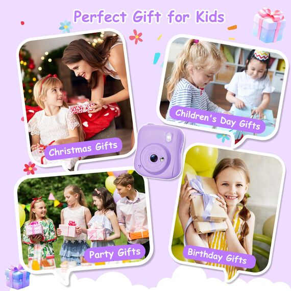 Hangrui Kinderkamera Sofortbildkamera, 14MP Sofortbildkamera Kinder mit 32G Karte & Druckpapier, 1080P Kamera Kinder Sofortdruck mit Farbige Stifte, Geschenk für 3-12 Jungen und Mädchen-Lila