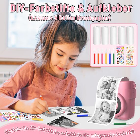MILFECH Kinderkamera Sofortbildkamera, 1080P 2,4 Zoll Bildschirm DigitalKamera Kinder mit 5 Rollen Druckpapier,32GB Karte, Fotokamera mit 6 Farbigen Stiften,2 Aufkleber Geschenk für Kinder (Rosa)