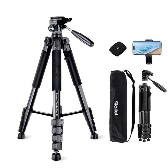 Rollei Compact Traveler Star S4, 188cm Kamera Stativ Leicht Kompakt aus Aluminium Fotostativ mit Kugelkopf für DSLR Dreibeinstativ für Smartphone mit Handyhalterung, Kamerastativ-Camera-Tripod