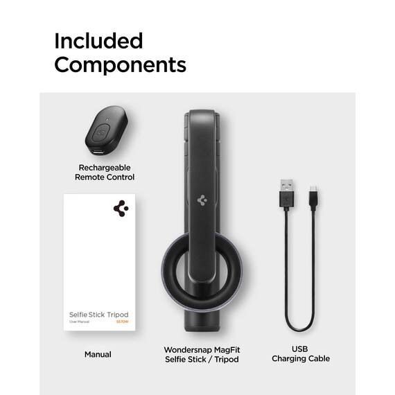 Spigen MagSafe Selfie Stick Stativ [Wondersnap] [MagFit-Technologie & Bluetooth] Tripod kompatibel mit iPhone 16/15/14/13 Serien, Galaxy S25/S24/S23 und Allen Smartphones - Majestic Black