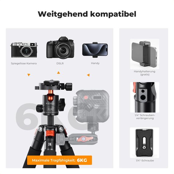 K&F CONCEPT Mini Stativ, 55cm Aluminium kompaktes Kamera Stativ mit 360° Kugelkopf, Faltbares Design für einfache Lagerung und reisefreundlich, 1/4" Platte für DSLR/Smartphone usw. Max. Belastung 6KG