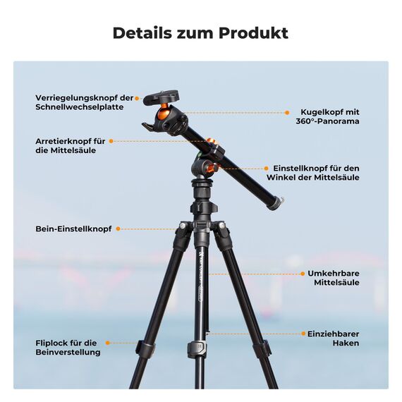 K&F CONCEPT O234A1 Kamerastativ mit Auslegearm,195cm Handy-Stativ, Tripod für unterwegs, Stativ für Smartphone mit Handyhalterung, Aluminium Reisestativ mit BH-36 Kugelkopf