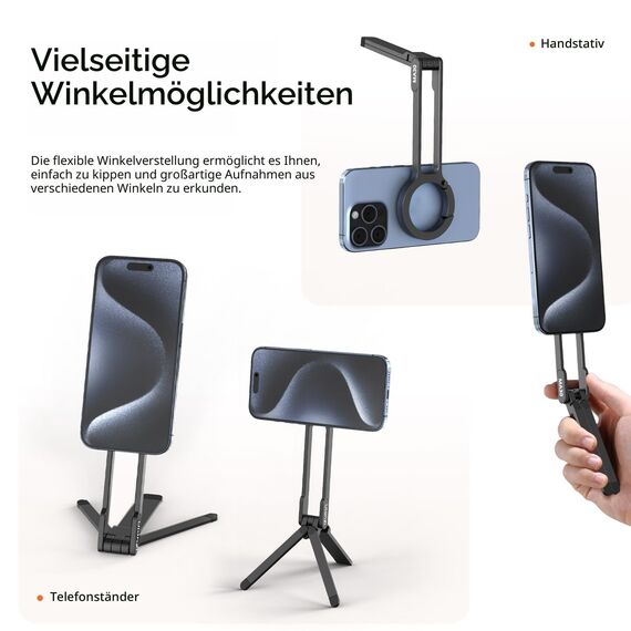 ULANZI MA30 3-in1 Magnetisches Handy Stativ Aluminium, Karabiner Förmige Maglock Schnellhalterung, Faltbar Ständer Smartphone, Mini Selfie Stick Tripod Kompatibel für iPhone 17 16 15 14 12 Magsafe