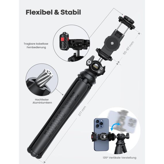 Lamicall Handy Stativ, Mini Stativ Halter - Handy Halterung Kamerastativ für Smartphone & Kamera, Flexible Handystativ mit Kabellose Fernbedienung, 360° Pocket Tripod für iPhone 17/16/15, für GoPro