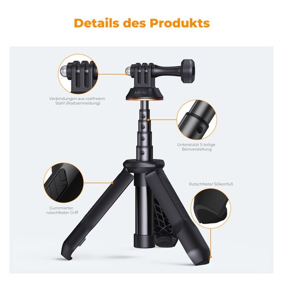 K&F Concept Selfie-Stick-Stativ, tragbar, Vlog-Griff, Action-Kamera-Selfie-Stick für GoPro Hero 13/12/11/10/9/8/Max, DJI Osmo Action 5/4/3/2/1 (schwarz)