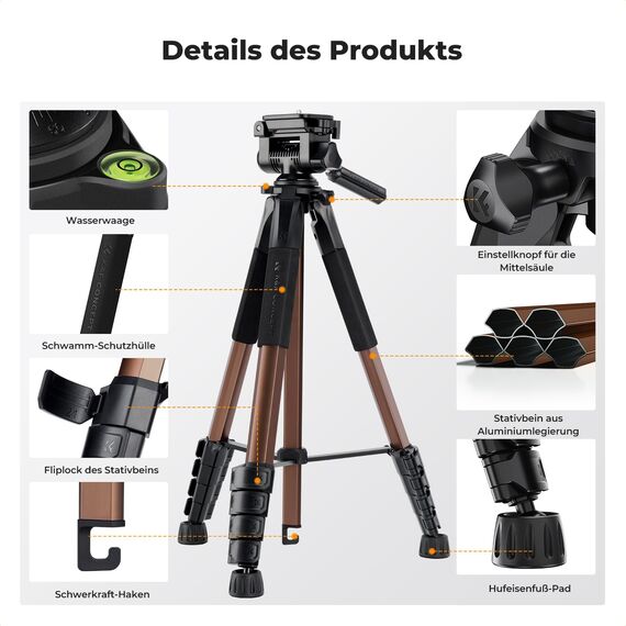 K&F CONCEPT Kamerastativ S255A3+BV01, Leichtes Stativ mit Tasche,190cm Handystativ,Tripod für Canon Nikon Sony Kamera/DSLR/Camcorder, Stativ für Smartphone,Reisestativ mit Handy-Tablet-Halterung(Gold)