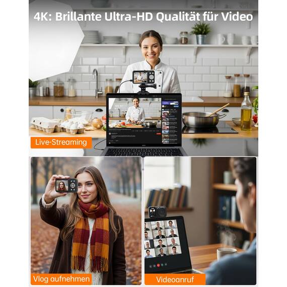 Rollei Compactline 64 Dual Screen Digitalkamera, 64MP 4K Fotoapparat mit Dual Display Kompaktes Fotokamera mit 18X Digitalem Zoom für Kinder Anfänger Schwarz, Digital-Kamera-Kompaktkamera-Fotoapparat