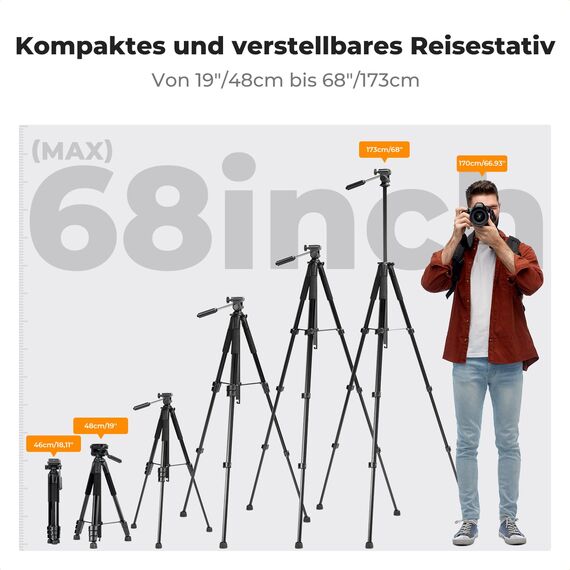 K&F CONCEPT Kamerastativ S254A3+BV01, Leichtes Stativ mit Tasche,172cm Handystativ,Tripod für Canon Nikon Sony Kamera/DSLR/Camcorder,Stativ für Smartphone,Reisestativ mit Handy-Tablet-Halterung