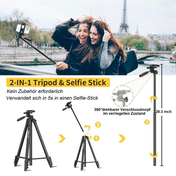 KINGJOY Handy Kamera Stativ 71" Leichtes Smartphone Stativ mit Fernauslöser, 360°Drehung Tragbar Tripod mit Tablet Handyhalterung für Canon Nikon Action Kamera