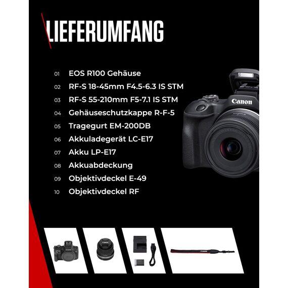 Canon EOS R100 (Gehäuse) mit RF-S 18–45mm & 55–210mm is STM – 24,1 MP APS-C Systemkamera – Dual Pixel CMOS AF, 4K-Video, 6,5 B/s, WLAN & Bluetooth - Perfekt, um kostbare Erinnerungen festzuhalten