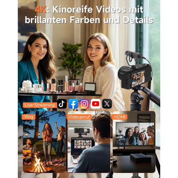 Rollei Compactline 10X Flip Screen Digitalkamera 64MP 4K Kamera Fotokamera 10X Optischer Zoom Selfie Fotoapparat mit 180° Flip 2,88" Bildschirm für Teens Anfänger, Digital-Kamera-Fotoapparat-Camera