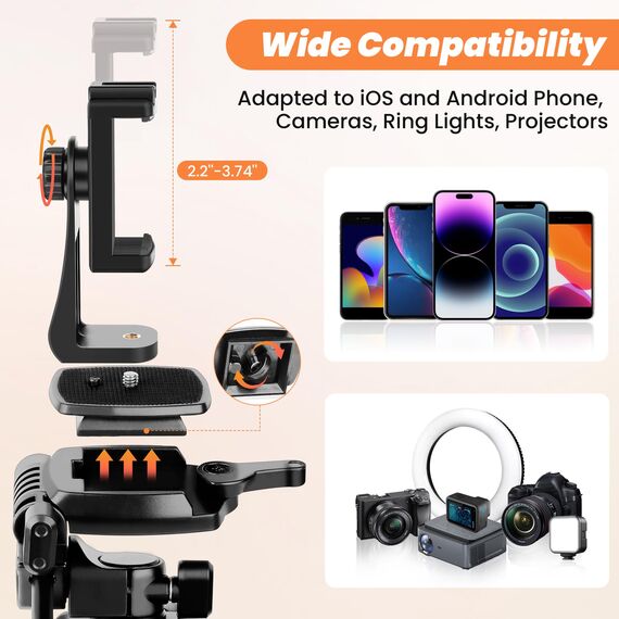 Nineigh Kamera Handy Stativ, 190cm Horizontal Stativ for Smartphone mit Fernauslöser, Leichtes Aluminium Camera Tripod mit 3 Wege Kopf, Fotostativ Kamera Reise für iPhone/Samsung/Huawei/DSLR