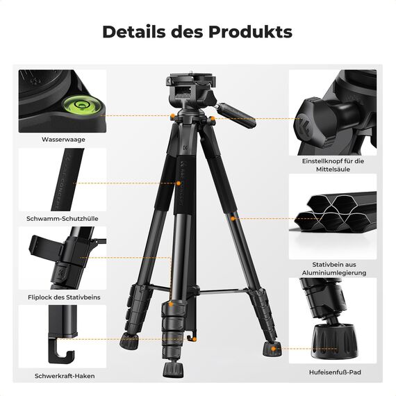 K&F CONCEPT Kamerastativ S255A3+BV01, Leichtes Stativ mit Tasche,190cm Handystativ,Tripod für Canon Nikon Sony Kamera/DSLR/Camcorder, Stativ für Smartphone,Reisestativ mit Handy-Tablet-Halterung