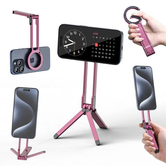 ULANZI MA30 Magnetisches Handy-Stativ Aluminium, Karabinerförmige Smartphone-Tasche, Mini Selfie Stick Portable, Faltbar Ständer, Schnellhalterung Tripod fur iPhone 16, 15, 14, 13, 12, Rosa
