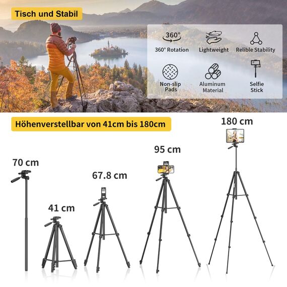KINGJOY Handy Kamera Stativ 71" Leichtes Smartphone Stativ mit Fernauslöser, 360°Drehung Tragbar Tripod mit Tablet Handyhalterung für Canon Nikon Action Kamera