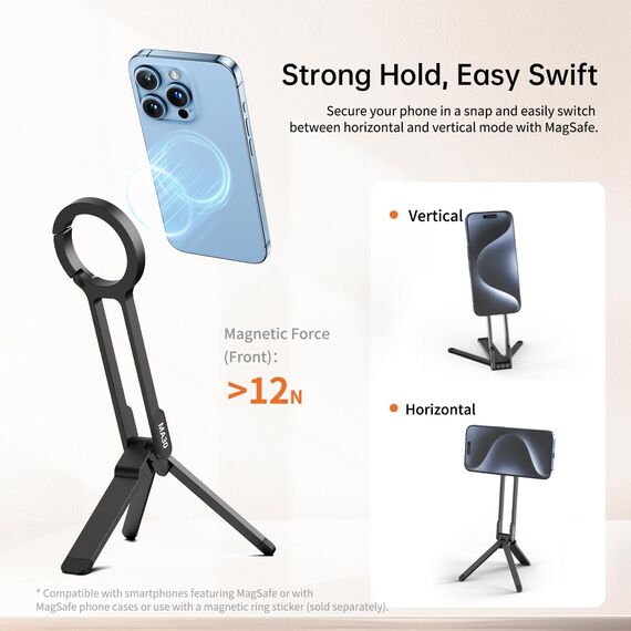 ULANZI MA30 3-in1 Magnetisches Handy Stativ Aluminium, Karabiner Förmige Maglock Schnellhalterung, Faltbar Ständer Smartphone, Mini Selfie Stick Tripod Kompatibel für iPhone 17 16 15 14 12 Magsafe