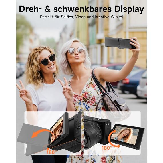 Rollei Compactline 10X Flip Screen Digitalkamera 64MP 4K Kamera Fotokamera 10X Optischer Zoom Selfie Fotoapparat mit 180° Flip 2,88" Bildschirm für Teens Anfänger, Digital-Kamera-Fotoapparat-Camera