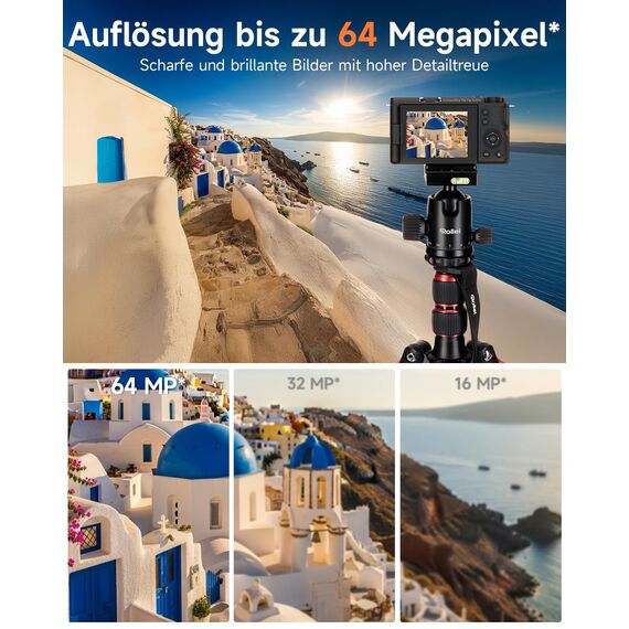 Rollei Compactline 10X Flip Screen Digitalkamera 64MP 4K Kamera Fotokamera 10X Optischer Zoom Selfie Fotoapparat mit 180° Flip 2,88" Bildschirm für Teens Anfänger, Digital-Kamera-Fotoapparat-Camera
