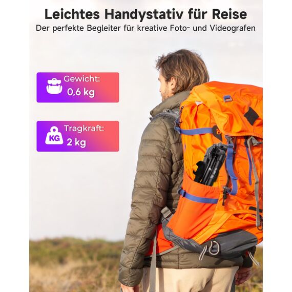 Rollei Smartphone Stativ Traveler, Handy Stativ mit Fernauslöser 120cm Aluminium Dreibeinstativ für Smart Phone Flexible Leicht Schwarz Tripod mit Smartphone-Halterung für iPhone Huawei Samsung