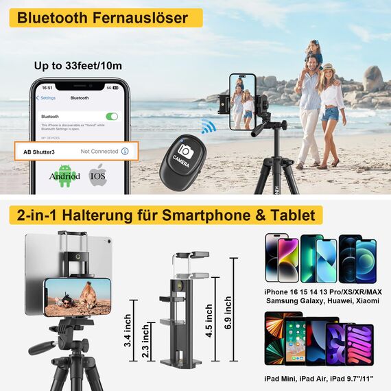 KINGJOY Handy Kamera Stativ 71" Leichtes Smartphone Stativ mit Fernauslöser, 360°Drehung Tragbar Tripod mit Tablet Handyhalterung für Canon Nikon Action Kamera