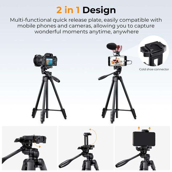 K&F CONCEPT NT510 Handystativ,152cm leichtes Stativ, Tripod für Canon Nikon Sony und andere DSLR Kameras, Stativ für Smartphone mit Handyhalterung, Aluminium Reisestativ mit Bluetooth Fernbedienung