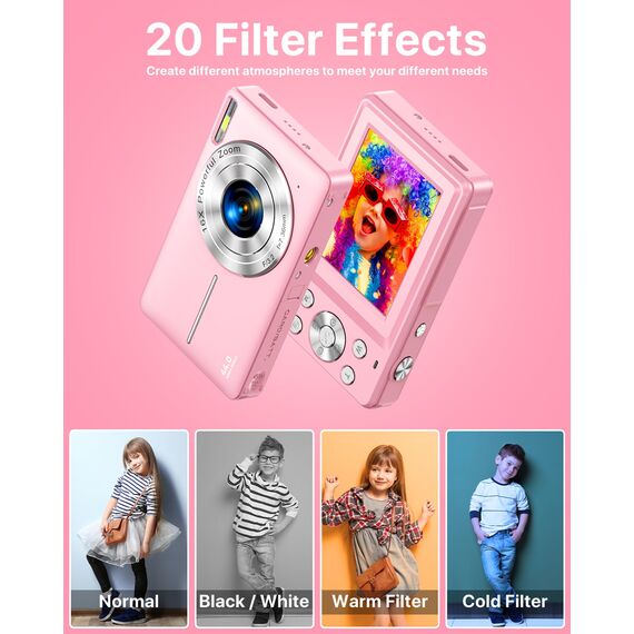 Digitalkamera 1080P 44MP Fotokamera 16X Digitalzoom Kamera, Vlogging Fotoapparat Kompaktkamera mit 2,4" LCD Bildschirm, 32G Micro Speicherkarte, 1 Akku für Kinder Teenager Studenten Anfänger-Rosa