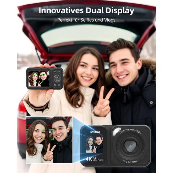 Rollei Compactline 64 Dual Screen Digitalkamera, 64MP 4K Fotoapparat mit Dual Display Kompaktes Fotokamera mit 18X Digitalem Zoom für Kinder Anfänger Schwarz, Digital-Kamera-Kompaktkamera-Fotoapparat