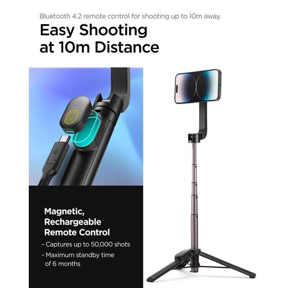 Spigen MagSafe Selfie Stick Stativ [Wondersnap] [MagFit-Technologie & Bluetooth] Tripod kompatibel mit iPhone 16/15/14/13 Serien, Galaxy S25/S24/S23 und Allen Smartphones - Majestic Black