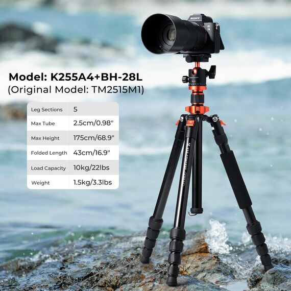 K&F Concept Kamera Stativ, Tripod mit 360°Kugelkopf, Tragbares Stativ für Canon Nikon Sony und andere DSLR Kameras, Aluminium Fotostativ Einbeinstativ K255A4+BH-28L