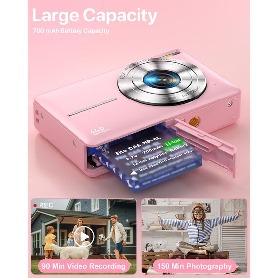 Digitalkamera 1080P 44MP Fotokamera 16X Digitalzoom Kamera, Vlogging Fotoapparat Kompaktkamera mit 2,4" LCD Bildschirm, 32G Micro Speicherkarte, 1 Akku für Kinder Teenager Studenten Anfänger-Rosa