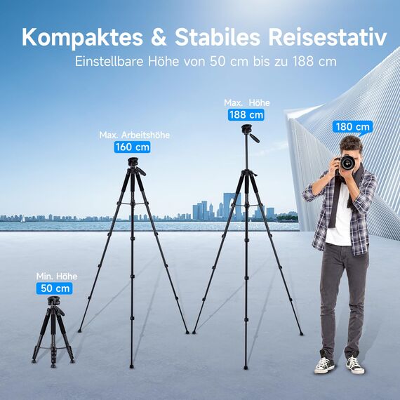 Rollei Compact Traveler Star S4, 188cm Kamera Stativ Leicht Kompakt aus Aluminium Fotostativ mit Kugelkopf für DSLR Dreibeinstativ für Smartphone mit Handyhalterung, Kamerastativ-Camera-Tripod