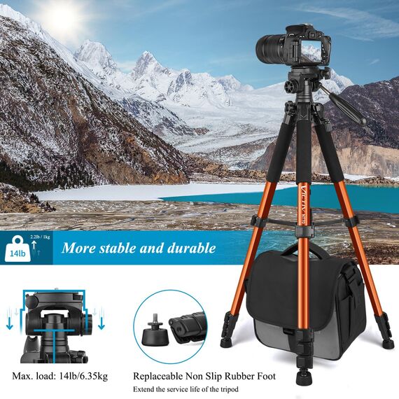 Victiv 182 cm Aluminium Kamera Stativ, Leichtes und Kompaktes Reisestativ für DSLR mit 3-Wege-Schwenk 360° Panorama Kugelkopf und Telefonhalter, kann für YouTube, Vlog und Videokonferenzen-Orange