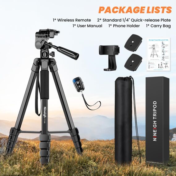 Nineigh Kamera Handy Stativ, 190cm Horizontal Stativ for Smartphone mit Fernauslöser, Leichtes Aluminium Camera Tripod mit 3 Wege Kopf, Fotostativ Kamera Reise für iPhone/Samsung/Huawei/DSLR