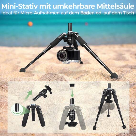 Rollei Compact Traveler Mini M1, Ministativ Kamera aus Aluminium 49cm Leichtes Desktop Reisestativ Klein mit Arca Swiss Kugelkopf Kompaktes Tischstativ für DSLR Schwarz, Stativ-Klein-Mini-Tripod
