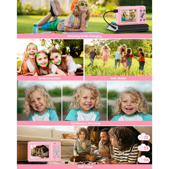 Digitalkamera 1080P 44MP Fotokamera 16X Digitalzoom Kamera, Vlogging Fotoapparat Kompaktkamera mit 2,4" LCD Bildschirm, 32G Micro Speicherkarte, 1 Akku für Kinder Teenager Studenten Anfänger-Rosa