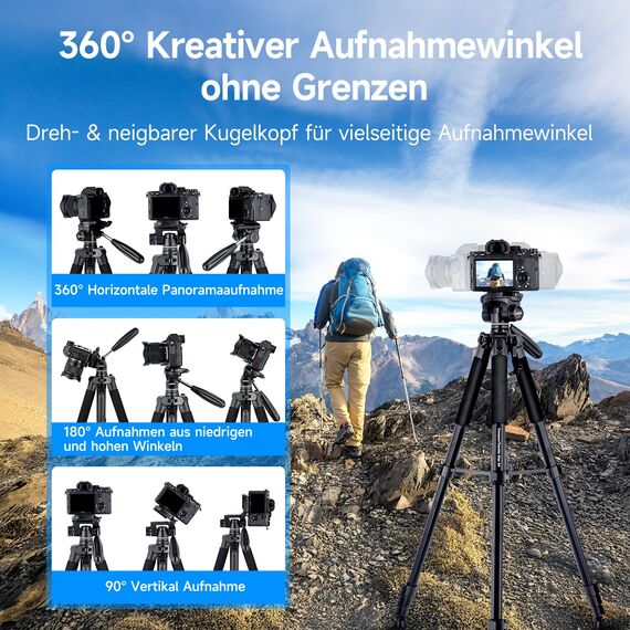 Rollei Compact Traveler Star S4, 188cm Kamera Stativ Leicht Kompakt aus Aluminium Fotostativ mit Kugelkopf für DSLR Dreibeinstativ für Smartphone mit Handyhalterung, Kamerastativ-Camera-Tripod