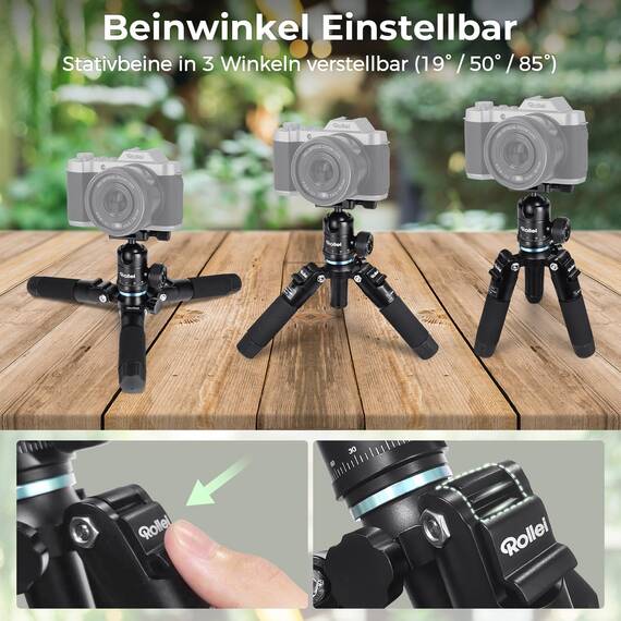 Rollei Compact Traveler Mini M1, Ministativ Kamera aus Aluminium 49cm Leichtes Desktop Reisestativ Klein mit Arca Swiss Kugelkopf Kompaktes Tischstativ für DSLR Schwarz, Stativ-Klein-Mini-Tripod