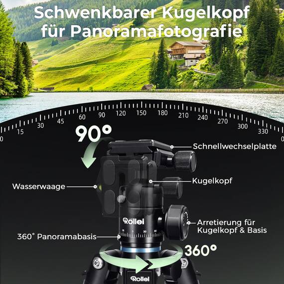 Rollei Compact Traveler Mini M1, Ministativ Kamera aus Aluminium 49cm Leichtes Desktop Reisestativ Klein mit Arca Swiss Kugelkopf Kompaktes Tischstativ für DSLR Schwarz, Stativ-Klein-Mini-Tripod