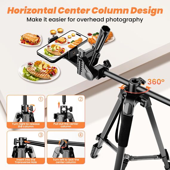 Nineigh Kamera Handy Stativ, 190cm Horizontal Stativ for Smartphone mit Fernauslöser, Leichtes Aluminium Camera Tripod mit 3 Wege Kopf, Fotostativ Kamera Reise für iPhone/Samsung/Huawei/DSLR