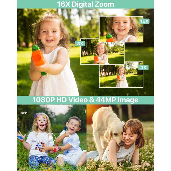 Digitalkamera 1080P 44MP Fotokamera 16X Digitalzoom Kamera, Vlogging Fotoapparat Kompaktkamera mit 2,4" LCD Bildschirm, 32G Micro Speicherkarte, 1 Akku für Kinder Teenager Studenten Anfänger-Grün