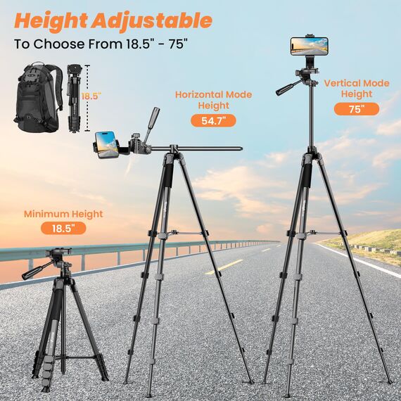 Nineigh Kamera Handy Stativ, 190cm Horizontal Stativ for Smartphone mit Fernauslöser, Leichtes Aluminium Camera Tripod mit 3 Wege Kopf, Fotostativ Kamera Reise für iPhone/Samsung/Huawei/DSLR