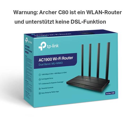 TP-Link Archer C80 Dualband WLAN Router (600 Mbit/s 2,4GHz, 1300Mbit/s 5GHz), 4 Gigabit LAN Ports, Print/Media/FTP Server, Gast-Netzwerk, unterstützt Keine DSL-Funktion