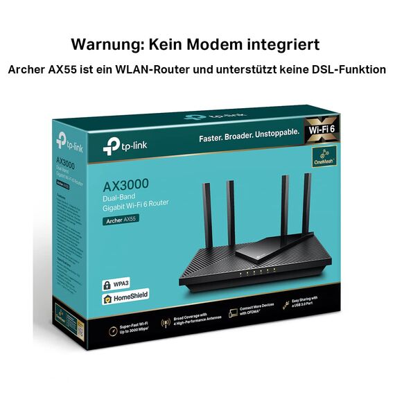 TP-Link Archer AX55 Wi-Fi 6 WLAN Router, 2402 Mbit/s 5 GHz, 574 Mbit/s 2,4 GHz, 4 × Gigabit LAN-Ports, 1 × USB 3.0 Port, unterstützt Keine DSL-Funktion