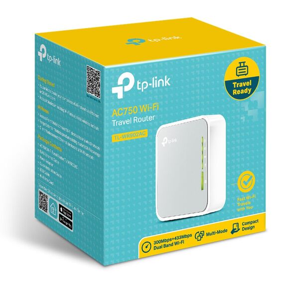TP-Link TL-WR902AC AC750 WLAN Nano Router (433Mbit/s (5GHz) +300Mbit/s (2,4GHz) (tragbar, Accesspoint, TV Adapter, Repeater, Router, Client, Media, FTP Server), weiß/grau