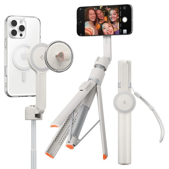 Spigen One Push Selfie Stick Stativ 168,5 cm [Auto-Öffnung & MagSafe] Bluetooth 4.2, mit Metallring & Schlaufe, kompatibel mit iPhone 16/15/14, Galaxy S25/S24/S23 & mehr - Dune Beige