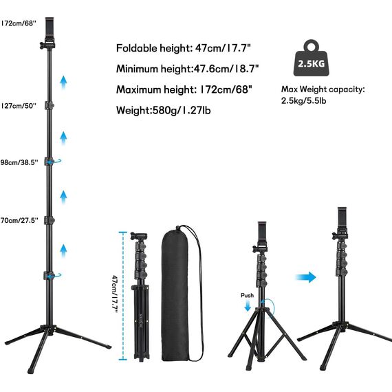Victiv Handy Stativ Ständer, 172cm Smartphone Stative, Tripod für iPhone, Handystativhalter mit Fernauslöser, Selfie Stick Handystativ for Samsung Huawei Xiaomi Canon Webcam Kamera