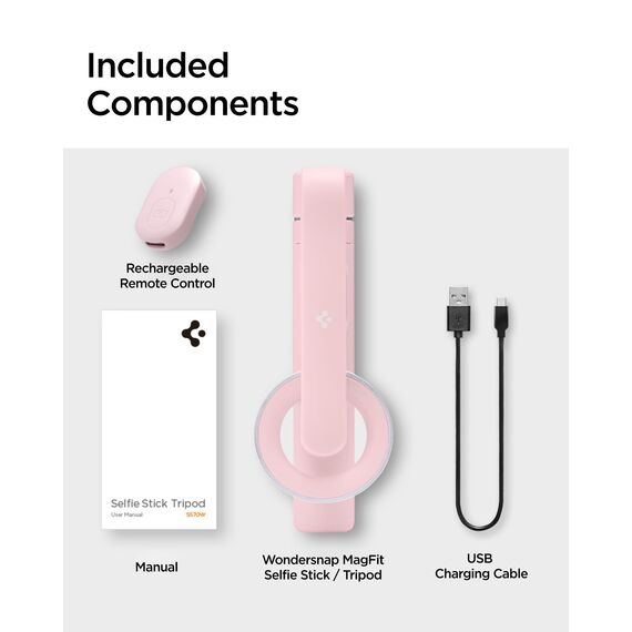 Spigen MagSafe Selfie Stick Stativ [Wondersnap] [MagFit-Technologie & Bluetooth-Fernbedienung] Tripod kompatibel mit iPhone 16/15/14/13 Serien, Galaxy S25/S24/S23 und Allen Smartphones - Peach Pink