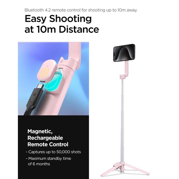 Spigen MagSafe Selfie Stick Stativ [Wondersnap] [MagFit-Technologie & Bluetooth-Fernbedienung] Tripod kompatibel mit iPhone 16/15/14/13 Serien, Galaxy S25/S24/S23 und Allen Smartphones - Peach Pink
